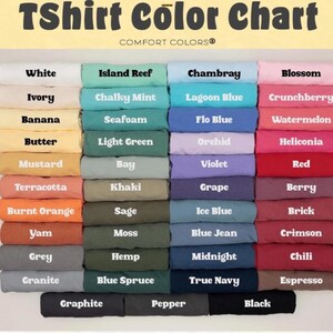 May include: A color chart for t-shirts, featuring a variety of shades. The chart displays colors like white, ivory, banana, and butter, alongside others such as island reef, chambray, and blossom. The text "TShirt Color Chart" is at the top.