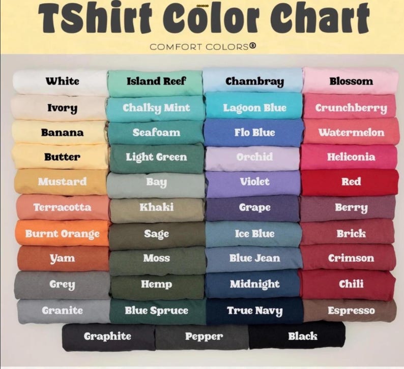 May include: A color chart for t-shirts, featuring a variety of shades. The chart displays colors like white, ivory, banana, and butter, alongside others such as island reef, chambray, and blossom. The text "TShirt Color Chart" is at the top.