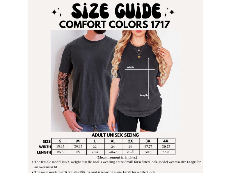Pode incluir: Guia de tamanhos para camisetas Comfort Colors 1717. O guia inclui medidas em polegadas para tamanhos unissex adultos, do S ao 4XL. Modelos s&atilde;o mostrados vestindo as camisetas. O texto "SIZE GUIDE" e "COMFORT COLORS 1717" est&atilde;o no topo.
