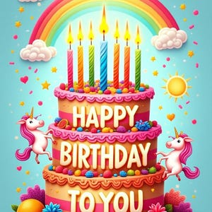 5 cartes de joyeux anniversaire, clipart, colorées, arc-en-ciel, licorne, cadeau, coeurs, fleurs, magie, carte d'anniversaire de souhait, enfants, enfants, garçon, fille