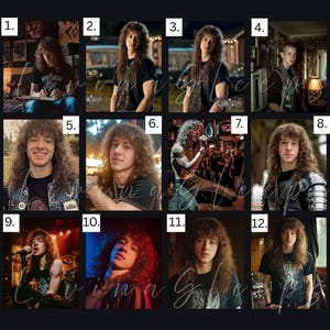 Może przedstawiać: Kolaż dwunastu zdjęć przedstawiających młodego mężczyznę z długimi, falowanymi brązowymi włosami. Zdjęcia pokazują mężczyznę w różnych sceneriach i pozach, w różnych strojach, w tym koszulkach i dżinsowej kurtce. Niektóre zdjęcia pokazują go uśmiechniętego, inne przedstawiają go podczas występu lub poważnego.