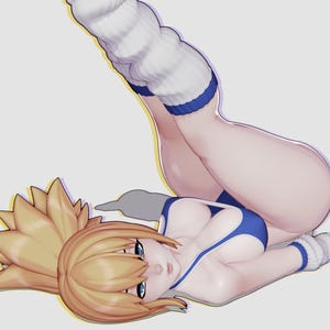 May include: A digital illustration of a character with blonde hair styled in a high ponytail, wearing a blue and white leotard with thin straps and white leg warmers with blue trim, positioned lying down with legs raised in the air.