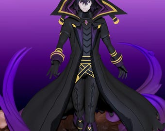 May include: A detailed figurine of a character in a black hooded cloak with purple and gold accents. The figure stands on a brown base with purple energy effects. The character's outfit includes a long coat, gloves, and boots.