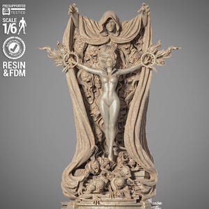 Puede incluir: Una escultura detallada en beige claro, que presenta una figura femenina central con los brazos extendidos, tela drapeada y numerosas caras. La escultura incluye el texto "PRESUPPORTED TESTED SCALE 1/6" y "RESIN & FDM".