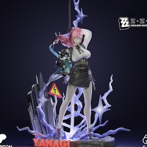 Puede incluir: Figura detallada de Tsukishiro Yanagi del juego Zero Zero Zero. La figura posa con un arma y una mochila, vistiendo una camisa blanca, una falda negra y cabello rosado. La base presenta relámpagos y el nombre "YANAGI".