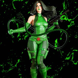 May include: A green figurine of a female character in a green bodysuit, gloves, and boots, holding a whip and a gun. The figure has black hair and green lipstick. The base is black with green accents.