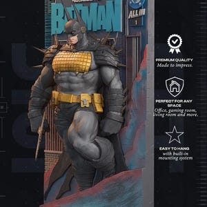 May include: A 3D wall poster featuring a muscular Batman figure in a grey suit with a gold chest plate and utility belt, standing against a dark city background. The text reads POSTER 3D, ABSOLUTE BATMAN, ALL IN 1, 2026, and TEST PRINTED AMS COLORED STL.