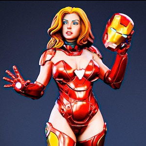 May include: A collectible figurine of a character with long wavy orange hair, wearing a metallic red and gold bodysuit with armor plating. The figure holds a red and gold helmet in one hand and has a glowing white light on the palm of the other.