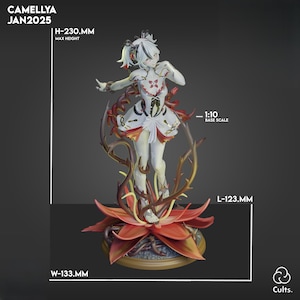 May include: A white and red figurine of a character with a floral base and thorny vines. The figurine is 230 mm tall, 133 mm wide, and 123 mm long. The text "CAMELLYA JAN2025" is at the top. The base scale is 1:10.