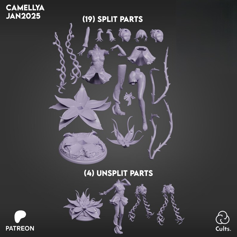 May include: A collection of 3D-printed model parts in a light purple hue, including a flower, a figure, and various other components. The image includes the text "CAMELLYA JAN2025", "(19) SPLIT PARTS", and "(4) UNSPLIT PARTS". The Patreon and Cults logos are also visible.