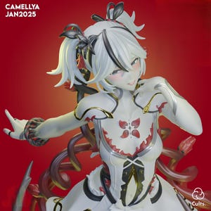 May include: A white figurine with a red background. The figurine has white hair styled in pigtails with black accents. The figurine is wearing a white dress with red and gold accents. The text "CAMELLYA JAN2025" is in the top left corner.