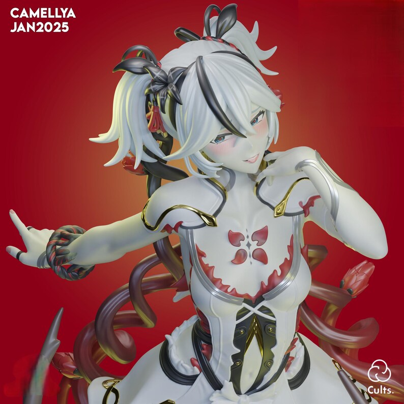 May include: A white figurine with a red background. The figurine has white hair styled in pigtails with black accents. The figurine is wearing a white dress with red and gold accents. The text "CAMELLYA JAN2025" is in the top left corner.