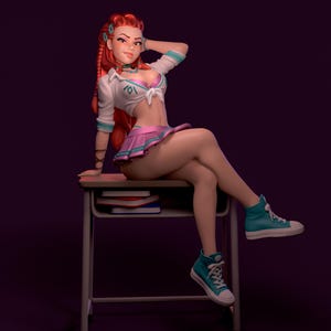 May include: A stylised figurine of a person with long orange hair, wearing a white cropped shirt with teal accents, a pink pleated skirt, and teal high-top trainers. The figure is posed sitting on a desk with books stored in the desk compartment.