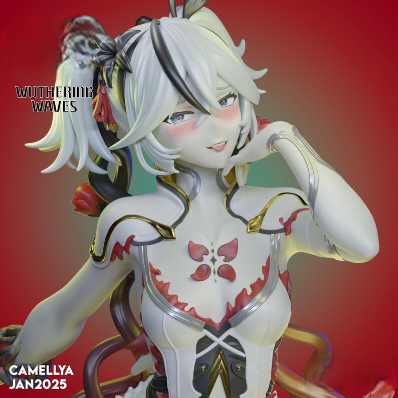 May include: A detailed figurine of a female character with white hair and black accents. The figure wears a white and red outfit with gold trim. The text "WUTHERING WAVES" and "CAMELLYA JAN2025" are visible.