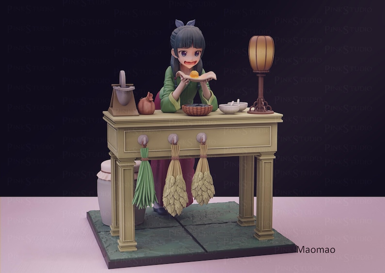 May include: A detailed figurine of a woman in a green and red outfit, holding a small plate with a yellow item. She stands behind a light green table with a lamp, bowls, and hanging bundles. The base is green with a tile pattern.