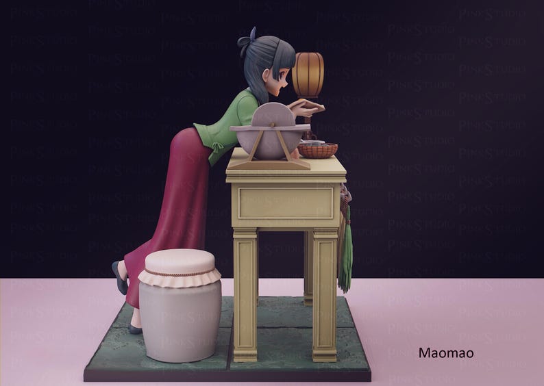 May include: A 3D-rendered figurine of a woman in traditional attire, leaning over a table with a grinding stone. The figure wears a green top and a long red skirt. A white jar with a lid is in the foreground.