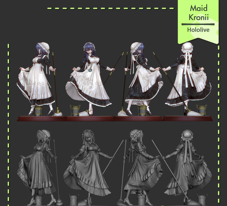 Pu&ograve; includere: Una figura dettagliata di Maid Kronii di Hololive, in un abito da cameriera bianco e nero con un mocio e un secchio. La figura &egrave; posata in pi&ugrave; angolazioni su una base di legno, con un'etichetta verde che recita "Maid Kronii Hololive".
