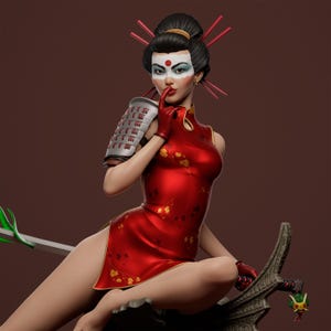 May include: A figurine of a woman in a red dress with gold floral accents, red gloves, and a traditional Japanese hairstyle. She has a white and blue face design and is holding a finger to her lips. A sword and armor are also present.