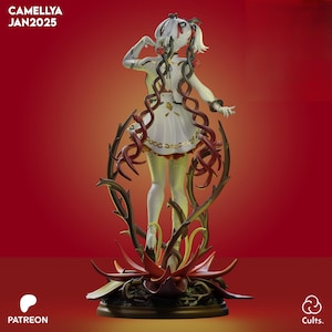 May include: A detailed figurine of a character with white hair and a white dress, adorned with red roses and vines. The figure is standing on a base with a red and brown floral design. The background is a solid red color. Text on the top left reads "CAMELLYA JAN2025".