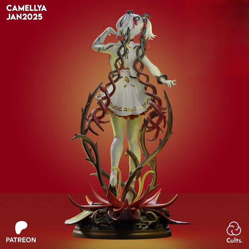 May include: A detailed figurine of a character with white hair and a white dress, adorned with red roses and vines. The figure is standing on a base with a red and brown floral design. The background is a solid red color. Text on the top left reads "CAMELLYA JAN2025".