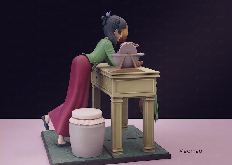 May include: A figurine of a woman in a green top and red skirt, leaning over a table with a grinding wheel. A white jar with a lid and a green base are in the foreground. The text "Maomao" is visible.