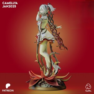 May include: A detailed figurine of a female anime character in a white and red dress, with long, flowing hair. The figure is surrounded by stylized vines and a large, red flower base. The text "CAMELLYA JAN2025" is at the top.
