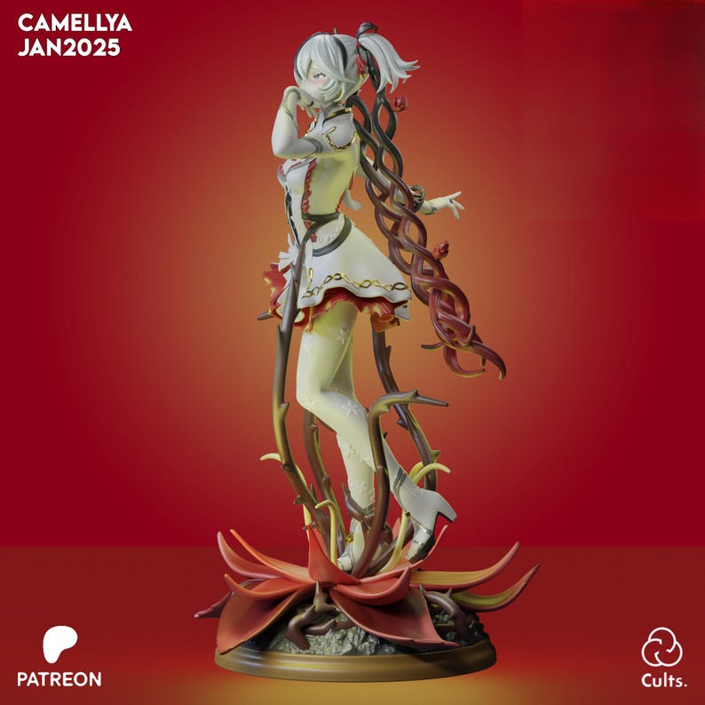 May include: A detailed figurine of a female anime character in a white and red dress, with long, flowing hair. The figure is surrounded by stylized vines and a large, red flower base. The text "CAMELLYA JAN2025" is at the top.
