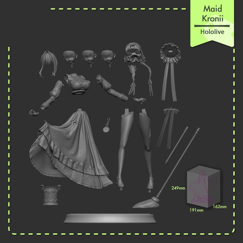 Pu&ograve; includere: Una figura smontata di Maid Kronii di Hololive, con abito, pi&ugrave; opzioni per il viso e una scopa. Le dimensioni della scatola sono 24,9 cm x 19,1 cm x 16,2 cm.