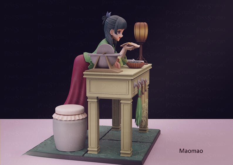 May include: A detailed figurine of a woman in traditional attire, leaning over a table with a lamp and basket. The figure is set on a green base, with a white stool nearby. The scene is rendered in soft, muted colors.