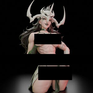 May include: A detailed figurine of a character with long dark hair, wearing a large, pale, horned headpiece. The figure has dark lipstick, a green choker, and green arm bands. The sculpture features a muscular torso and a green skirt-like garment.