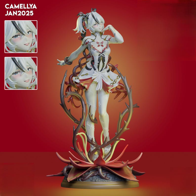 May include: A white and red figurine of a female character with a detailed outfit and hair, standing on a stylized floral base with thorny vines. The figurine has a dynamic pose and is set against a red background. The text "CAMELLYA JAN2025" is in the top left corner.