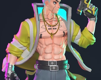 May include: A detailed figurine of a character from Cyberpunk: Edgerunners. The figure is muscular, wearing a yellow jacket with white stripes, gray pants, and a black belt. The character holds a gun and has a futuristic design.