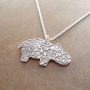 Hippo Necklace, Flowered Hippo, Fine Silver, Sterling Silver Chain, Made To Order image 1