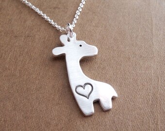 Silver Giraffe Heart Necklace, Giraffe Love, Fine Silver, Sterling Silver Chain, Made To Order