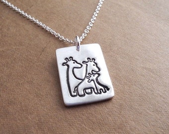 Giraffe Family Necklace, Mom, Dad, Baby, Two Moms, Rectangle, New Family Jewelry, Fine Silver, Sterling Silver Chain, Made To Order