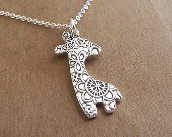 Silver Giraffe Necklace, Medium, Fine Silver Flowered Giraffe, Sterling Silver Chain, Made To Order