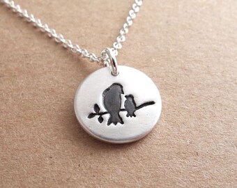Tiny Mother and Baby Bird Necklace, New Mom Necklace, Mother and Child, Fine Silver, Sterling Silver Chain, Made To Order