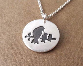 Mother and Two Baby Birds Necklace, New Mom Necklace, Two Children Jewelry, Fine Silver, Sterling Silver Chain, Made To Order