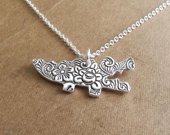 Alligator Necklace, Flowered Alligator Crocodile, Fine Silver, Sterling Silver Chain, Made To Order