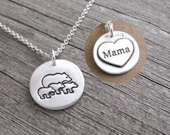 Personalized Small Mother and Three Bear Cubs Necklace, New Mom Necklace, Engraved Heart, Fine Silver, Sterling Silver Chain, Made To Order