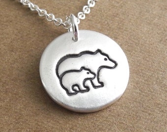 Small Mother and Baby Bear Necklace, Mom and Cub, New Mom Jewelry, Fine Silver, Sterling Silver Chain, Made To Order
