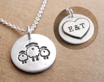 Personalized Small Mother and Twin Sheep Necklace, New Mom, Twin Jewelry, Two Children, Fine Silver, Sterling Silver Chain, Made To Order