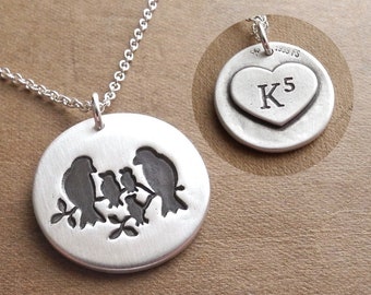 Personalized Bird Family of Five Necklace, Mom, Dad, Three Kids, Engraved Heart Monogram, Fine Silver, Sterling Silver Chain, Made To Order
