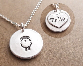 Personalized Sheep Necklace, Lamb Pendant, Engraved Heart, Fine Silver, Sterling Silver Chain, Made To Order