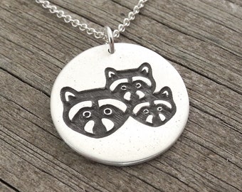 Mother Raccoon Necklace, Mom and Two Baby Raccoons, Mother and Two Children Jewelry, Fine Silver, Sterling Silver Chain, Ready To Ship