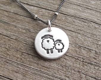 Tiny Mother and Baby Sheep Necklace, Ewe and Lamb, New Mom Necklace, Fine Silver, Sterling Silver Chain, Made To Order