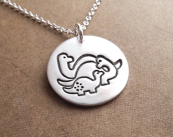 Dinosaur Family Necklace, Mom, Dad, Baby, Family of Three, New Family Necklace, Fine Silver, Sterling Silver Chain, Made To Order