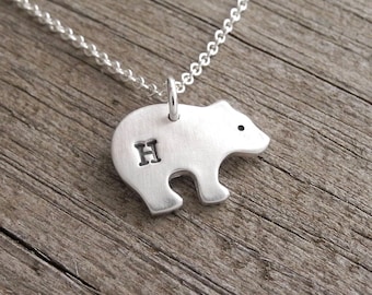 Personalized Tiny Bear Cub Necklace, Monogram Bear Cub, Initial, Fine Silver, Sterling Silver Chain, Made To Order