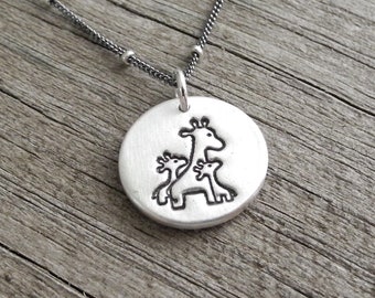 Small Mother and Twin Giraffe Necklace, Mom and Two Kids, New Mom Jewelry, Fine Silver, Sterling Silver Chain, Made To Order