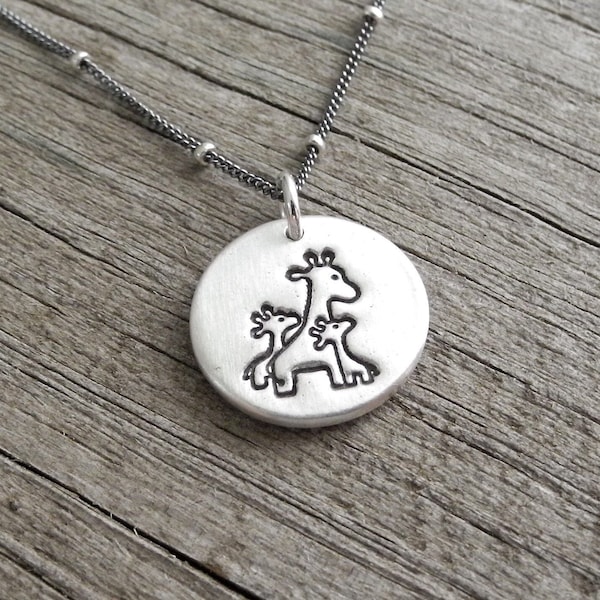 Small Mother and Twin Giraffe Necklace, Mom and Two Kids, New Mom Jewelry, Fine Silver, Sterling Silver Chain, Made To Order